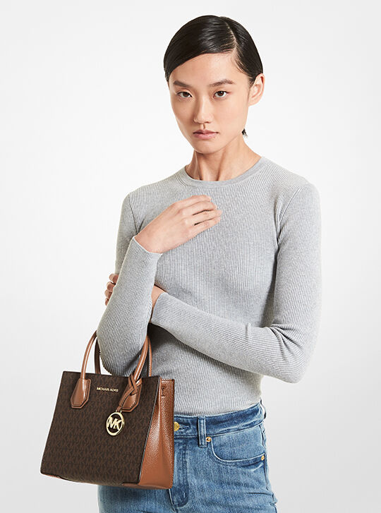 Mercer Medium Logo and Leather Accordion Crossbody Bag, BROWN