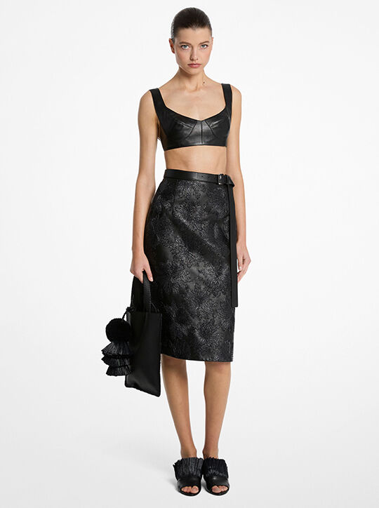 michael kors hand embroidered floral plong  leather skirt