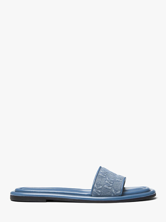 Dana Logo Embossed Denim Slide Sandal michael kors dana logo embossed denim slide sandal