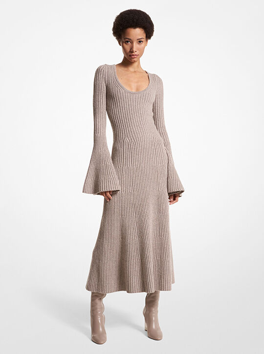 Ribbed Stretch Cashmere Flare-Sleeve Dress michael kors ribbed stretch cashmere flare sleeve dress