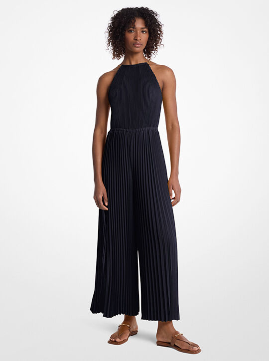 michael kors pleated embellished georgette halter jumpsuit