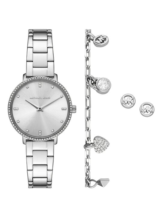 michael kors mini pyper pav  silver tone watch and jewelry gift set