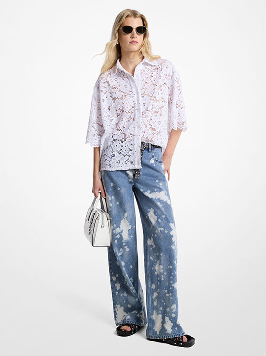 Hand-Splattered Bleach Denim Wide-Leg Jean michael kors hand splattered bleach denim wide leg jean