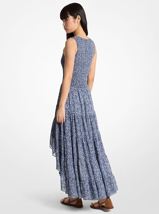Smocked Floral Print Georgette High-Low Dress michael kors smocked floral print georgette high low dress