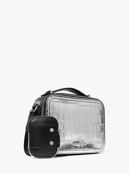 michael kors hudson metallic crocodile embossed leather crossbody bag