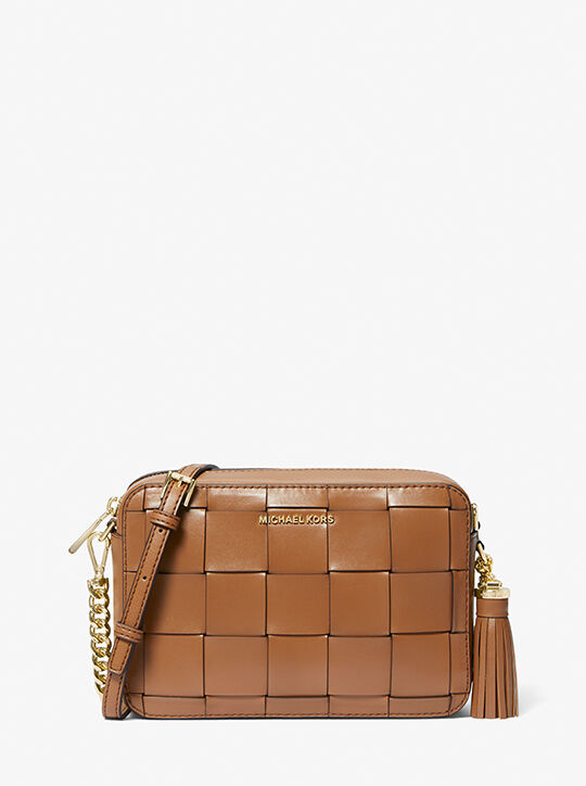 Ginny Medium Woven Leather Crossbody Bag michael kors ginny medium woven leather crossbody bag