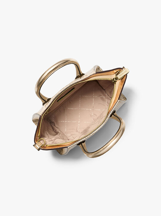 michael kors avril small logo jacquard and metallic leather satchel