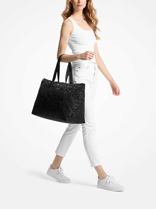 Jet Set Large Leopard Jacquard Nylon Tote Bag michael kors jet set large leopard jacquard nylon tote bag