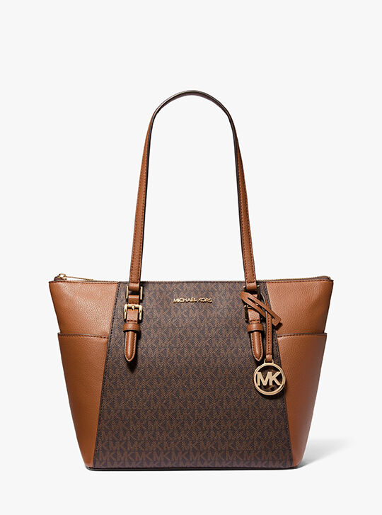 Charlotte Large Logo and Leather Top-Zip Tote Bag, BROWN | Michael