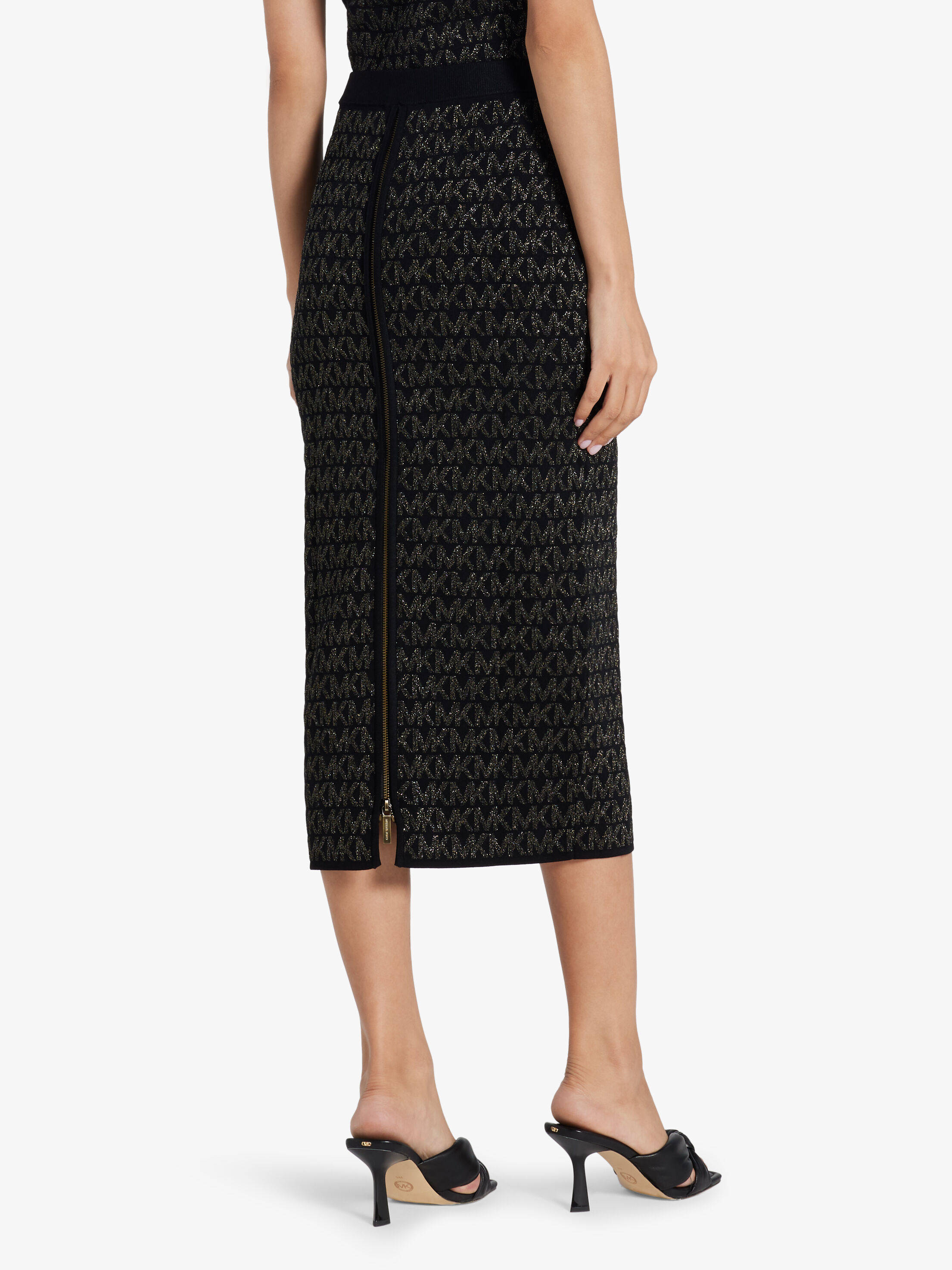 Metallic Logo Jacquard Midi Skirt, BLACK | Michael Kors KWT