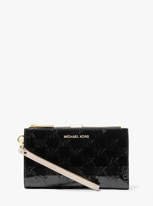 michael kors محفظة هاتف ذكي  جيت سيت معدنية كبيرة الحجم منقوشة بشعار الماركة